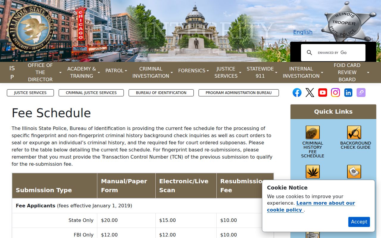 DeKalb County criminal records Illinois State Police fee schedule